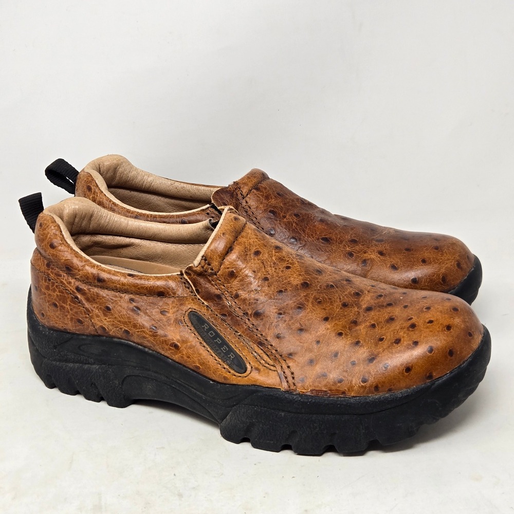 Roper Performance Mens 9.5 Ostrich Print Leather Slip On Shoes Brown 09-020-0601